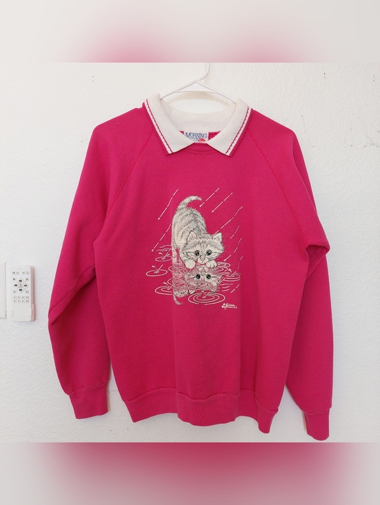 morning sun Sweaters - Bright Pink Cat Graphic Pullover with White Collar Morning Sun Cat Rain Drop